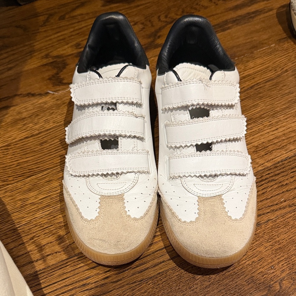 Isabel Marat White Leather Velcro Sneakers with Suede Toe